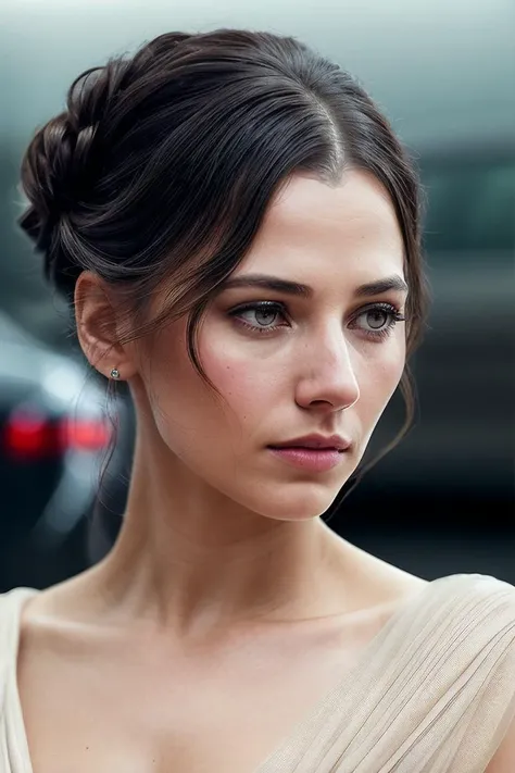 beautiful woman (Ch4rl13Murphy:.99), (( hair in updo  :1.2))  , ((portrait)), (closeup:1.2), ((from the waist up)), (((  A luxury car showroom, showcasing sleek, modern vehicles and a polished, modern aesthetic :1.2 ))), natural skin texture,  ((  Chiffon dress :1.2)), 24mm, 4k textures, soft cinematic light, adobe lightroom, photolab, hdr, intricate, elegant, highly detailed, sharp focus, ((((cinematic look)))), soothing tones, insane details, intricate details, hyperdetailed, low contrast, soft cinematic light, exposure blend, hdr, faded, now, ("I've got a bad feeling about this.":1.1)
