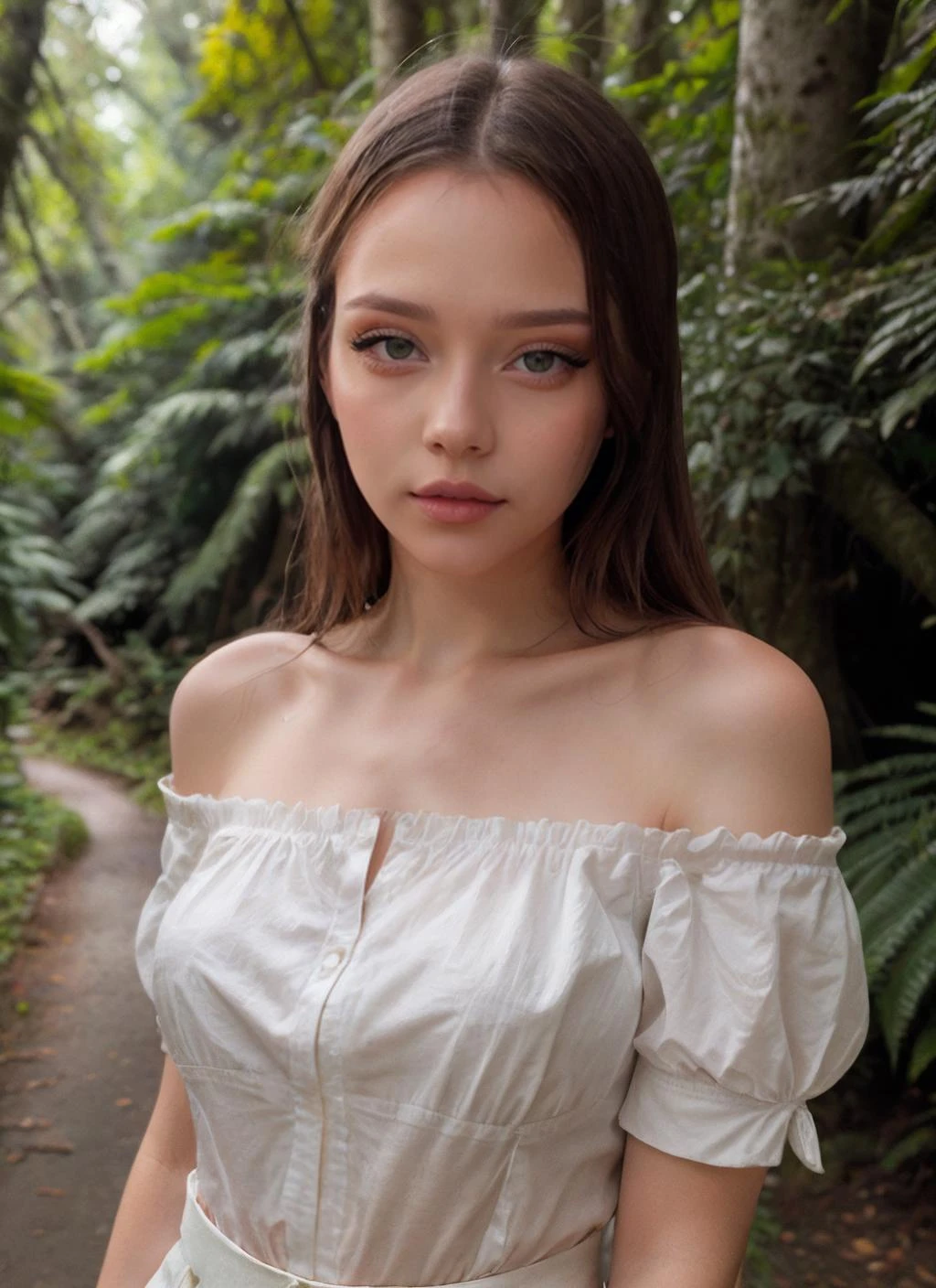 HDR, 8K resolution, intricate detail, sophisticated detail, depth of field, photorealistic, absurd res, medium portrait of 1girl, wearing Puffed shoulder blouse, at forest, thick foliage, tall trees, peaceful, <lora:Kat3Kuray:0.8>