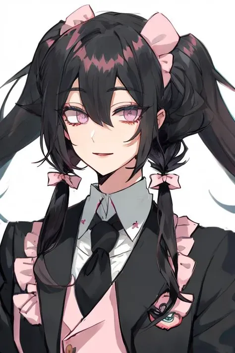 1girl,looking at viewer,twintails,long hair, black hair, pink|black eyes,white shirt, <lora:InuyamaMuneto-000011:1>