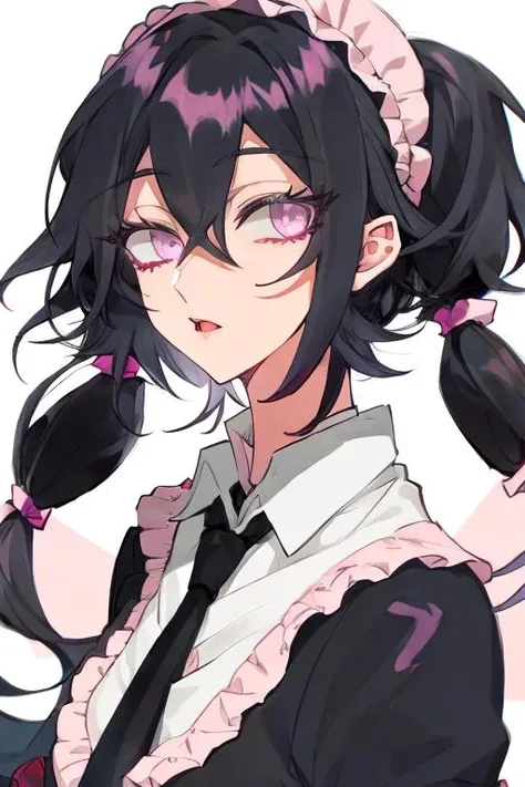 1girl,looking at viewer,twintails,long hair, black hair, pink|black eyes,white shirt,  <lora:InuyamaMuneto-000011:1>