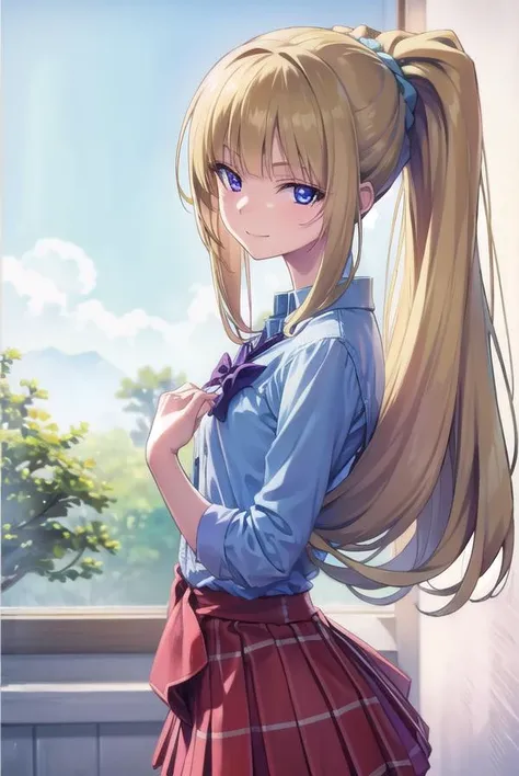 keikaruizawa, <lyco:keikaruizawa-lyco-nochekaiser:1>, 
kei karuizawa, long hair, bangs, blunt bangs, (purple eyes:1.1), blonde hair, shirt, hair ornament, ponytail, scrunchie, blue scrunchie, (small breast:1.2), <lora:sensualface_type2:1>, smile,
BREAK skirt, shirt, bow, school uniform, jacket, (red jacket:1.2), pleated skirt, bowtie, sweater, (blue bow:1.2), (blue shirt:1.2),
BREAK indoors, classroom,
BREAK looking at viewer, (cowboy shot:1.5),
BREAK <lyco:GoodHands-beta2:1>, (masterpiece:1.2), best quality, high resolution, unity 8k wallpaper, (illustration:0.8), (beautiful detailed eyes:1.6), extremely detailed face, perfect lighting, extremely detailed CG, (perfect hands, perfect anatomy),