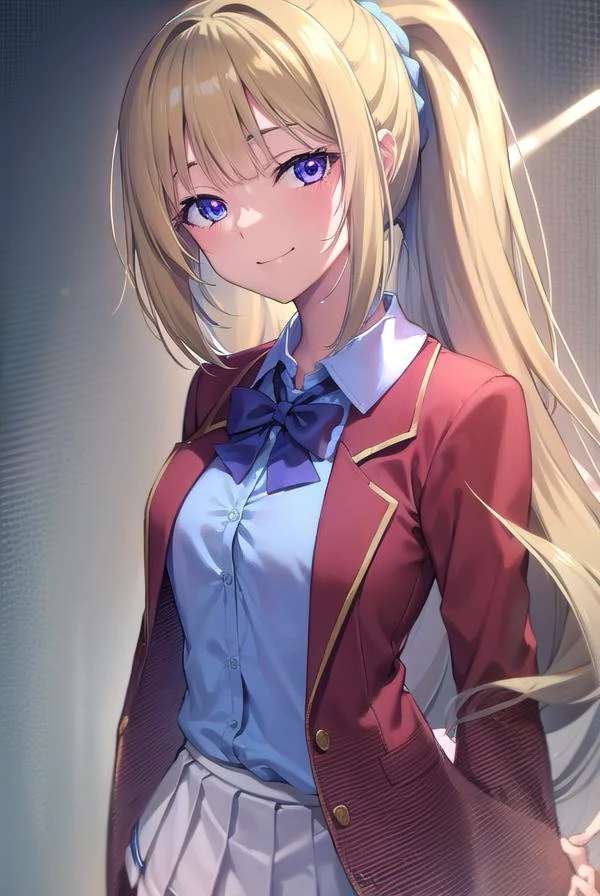 keikaruizawa, <lyco:keikaruizawa-lyco-nochekaiser:1>,
kei karuizawa, long hair, bangs, blunt bangs, (purple eyes:1.1), blonde hair, shirt, hair ornament, ponytail, scrunchie, blue scrunchie, (small breast:1.2), <lora:sensualface_type2:1>, smile,
BREAK skirt, shirt, bow, school uniform, jacket, (red jacket:1.2), pleated skirt, bowtie, sweater, (blue bow:1.2), (blue shirt:1.2),
BREAK indoors, classroom,
BREAK looking at viewer, (cowboy shot:1.5),
BREAK <lyco:GoodHands-beta2:1>, (masterpiece:1.2), best quality, high resolution, unity 8k wallpaper, (illustration:0.8), (beautiful detailed eyes:1.6), extremely detailed face, perfect lighting, extremely detailed CG, (perfect hands, perfect anatomy),