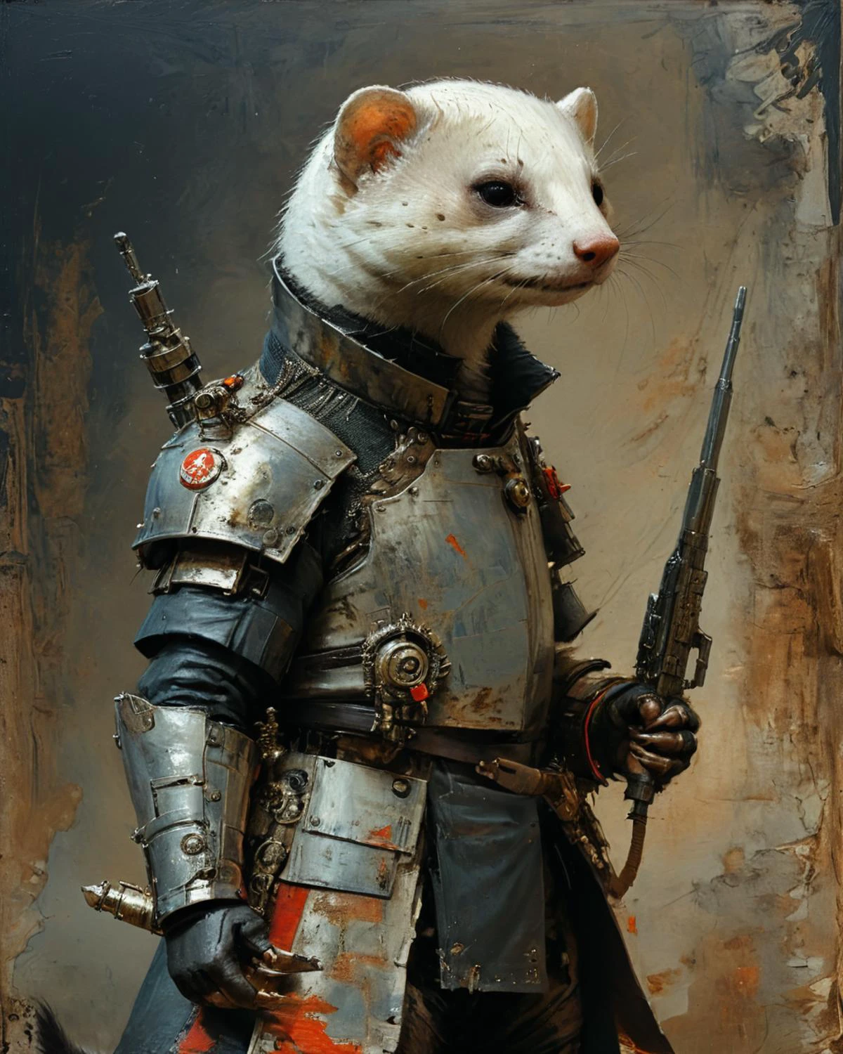 armored and armed anthropomorphic ferret, <lora:add-detail-xl:0.75>, <lora:xl_more_art-full_v1:0.5>, <lora:XSfenlie:1> fenliexl, <lora:NicolaSamori:0.9> in the style of Nicola Samori, <lora:John Berkey Style:1> John Berkey Style page