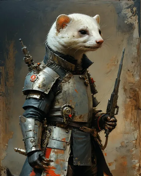 armored and armed anthropomorphic ferret, <lora:add-detail-xl:0.75>, <lora:xl_more_art-full_v1:0.5>, <lora:XSfenlie:1> fenliexl,  <lora:NicolaSamori:0.9> in the style of Nicola Samori, <lora:John Berkey Style:1> John Berkey Style page