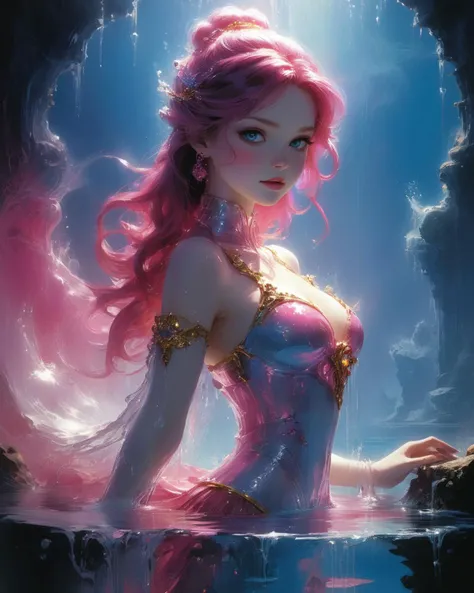 full body air elemental of transparent water with a blue and white tinge, (reflected light:1.5), golden eyes, fountain with splashing water, (chiaroscuro:1.4), hyper realistic photo, hot pink, bioluminescence, transparency, <lora:xl_more_art-full_v1:0.5> <lora:add-detail-xl:0.75> <lora:MJ52:0.4>, <lora:John Berkey Style:0.7 > John Berkey Style page, disney princess