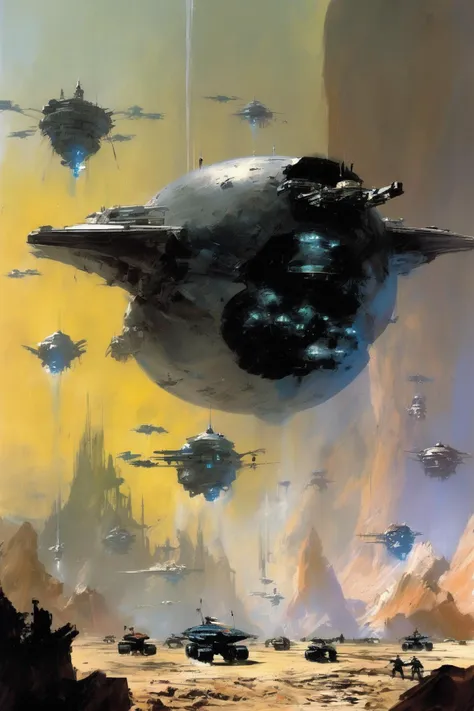 John Berkey Style - science fiction war. The planetary defenses are down. Monstrous beings bring weapons. Epic. John Berkey