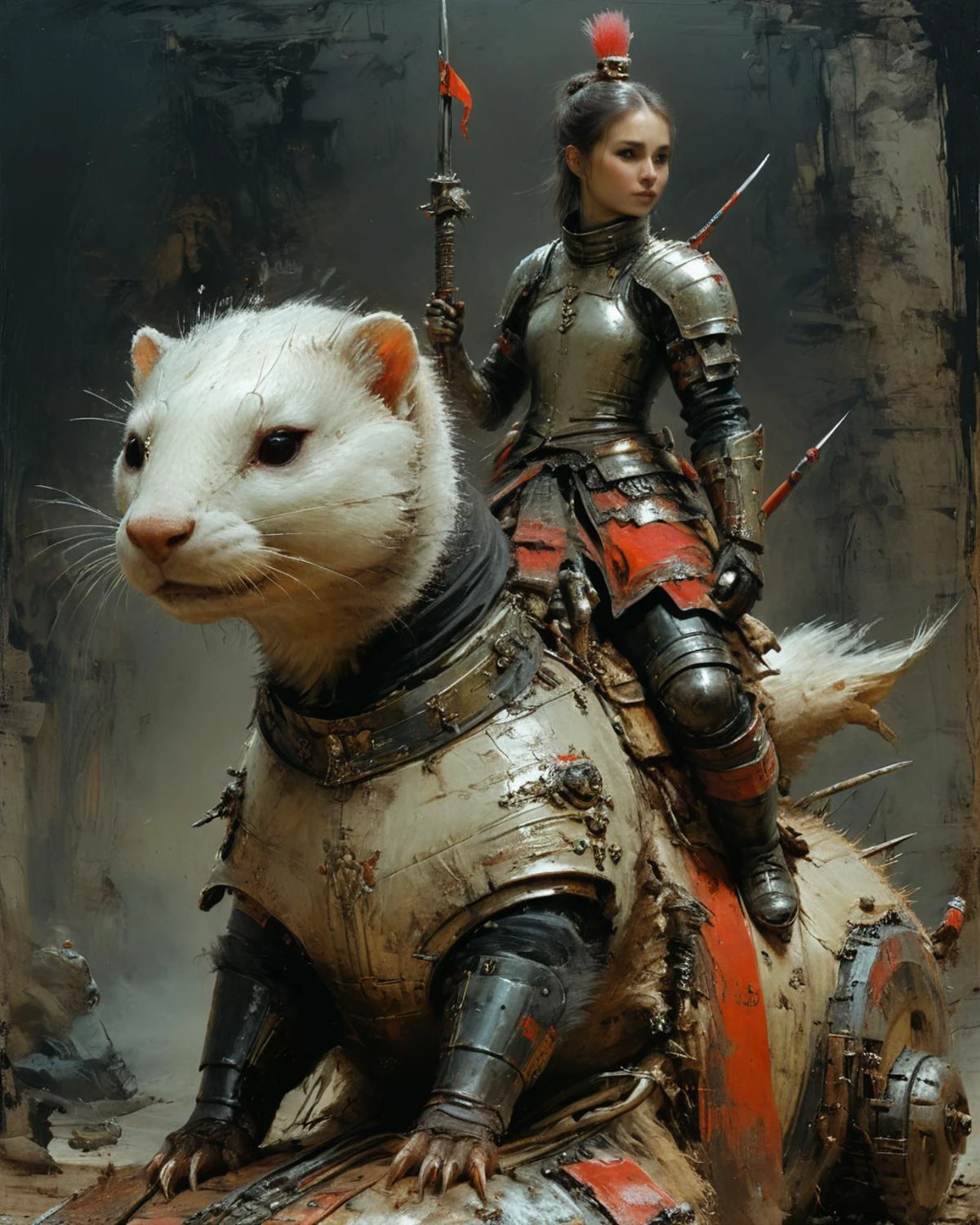 armored female warrior riding a giant ferret, <lora:add-detail-xl:0.75>, <lora:xl_more_art-full_v1:0.5>, <lora:XSfenlie:1> fenliexl, <lora:NicolaSamori:0.9> in the style of Nicola Samori, <lora:John Berkey Style:1> John Berkey Style page