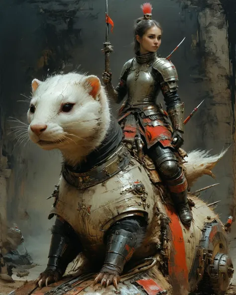 armored female warrior riding a giant ferret, <lora:add-detail-xl:0.75>, <lora:xl_more_art-full_v1:0.5>, <lora:XSfenlie:1> fenliexl,  <lora:NicolaSamori:0.9> in the style of Nicola Samori, <lora:John Berkey Style:1> John Berkey Style page