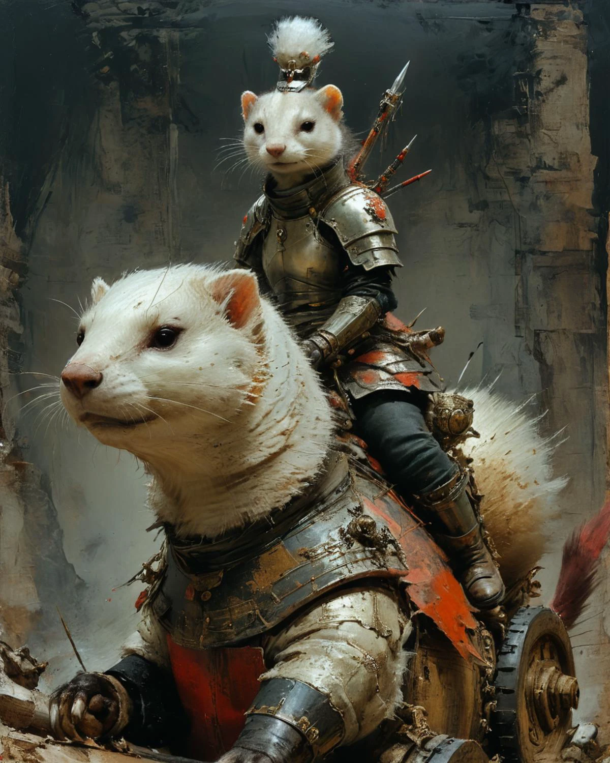 armored female warrior riding a giant ferret, <lora:add-detail-xl:0.75>, <lora:xl_more_art-full_v1:0.5>, <lora:XSfenlie:1> fenliexl, <lora:NicolaSamori:0.9> in the style of Nicola Samori, <lora:John Berkey Style:1> John Berkey Style page