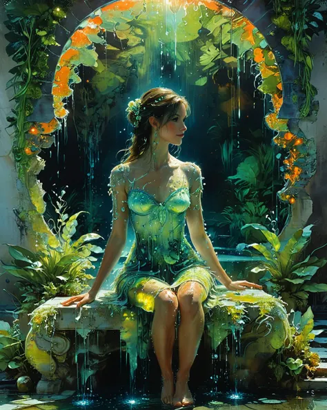 (nearly invisible beautiful female with organic bioluminescent patterns:1.9), lounging on a dais near a splashing fountain, full body, crystals, sheen, reflected light, hauntingly beautiful, hyperrealistic, ultra resolution, professional photo, <lora:add-detail-xl:0.75>, <lora:xl_more_art-full_v1:0.4> , <lora:John Berkey Style:1.0> John Berkey Style page