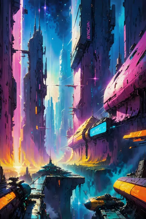 skyline of a dense and sprawling city on a junkworld, cyberpunk, night, neon signs, spotlights, hologram,smoke, magenta, teal and yelelow neon lights,  glowing, ethereal light,starry sky, bustling, cosmic hues, vibrant colors, watercolor style, surreal lighting, futuristic motifs, vivid colors, detailed digital art <lora:Painted World-000006:0.7> painted world, colorful splashes<lora:EnvyJunkworldXL01:0.8>  <lora:John Berkey Style:1> John Berkey Style page, (masterpiece:1.2), best quality, (hyperdetailed, highest detailed:1.2), high resolution textures, <lora:EnvyBetterHiresFixXL01:1>