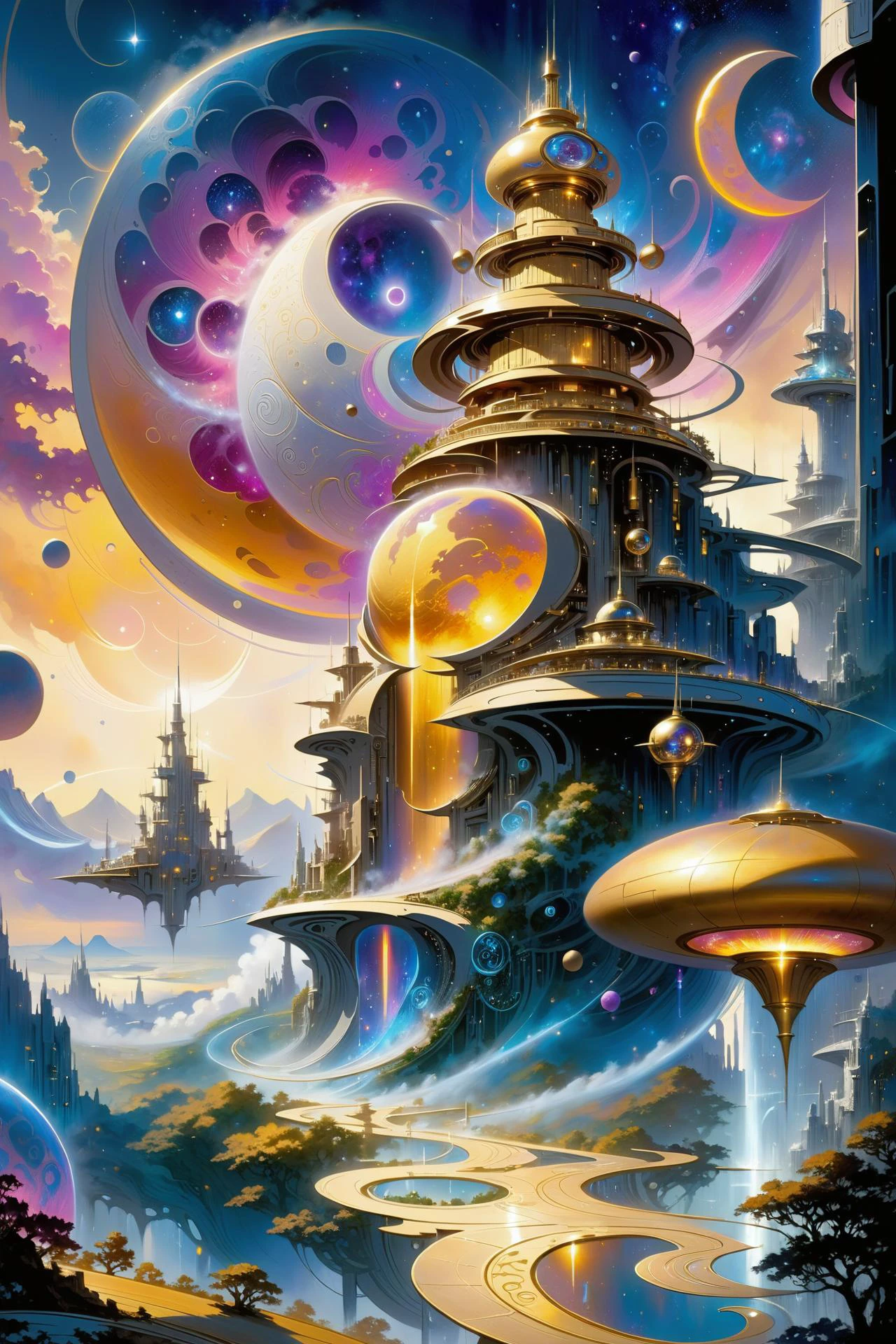futuristic city made of shiny golden towers, floating_glowing_arcane_swirls_made_of_mist, golden sky, silver moons, dramatic color palette <lora:EnvyFutureUtopiaXL01:1> <lora:add-detail-xl:2> misc <lora:DonMW15pXL:0.5> DonMW15pXL, the head of a <lora:John Berkey Style:1> John Berkey Style page, (masterpiece:1.2), best quality, (hyperdetailed, highest detailed:1.2), high resolution textures, <lora:EnvyBetterHiresFixXL01:1>