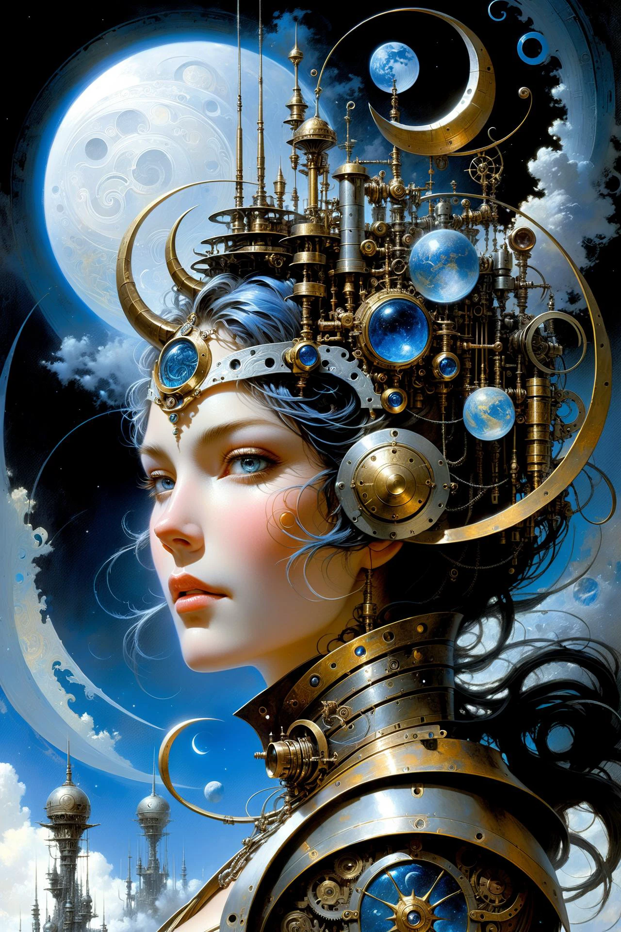 fantastic futuristic steam punk made of shiny brass towers, floating_swirls_made_of_steam, blue sky, silver moons, dramatic color palette, <lora:add-detail-xl:2> misc <lora:DonMW15pXL:0.5> DonMW15pXL, the head of a woman by aaron horkey <lora:John Berkey Style:0.6> John Berkey Style page <lora:d\EnvyFantasticXL01:1>, (masterpiece:1.2), best quality, (hyperdetailed, highest detailed:1.2), high resolution textures, <lora:EnvyBetterHiresFixXL01:1>