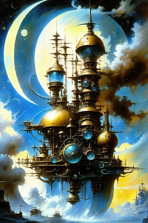 fantastic futuristic steam punk made of shiny brass towers, floating_swirls_made_of_steam, steam, smoke, blue sky, silver moons, dramatic color palette, <lora:add-detail-xl:2> misc   <lora:DonMW15pXL:0.5> DonMW15pXL,  <lora:d\EnvyFantasticXL01:1> <lora:John Berkey Style:0.6> John Berkey Style page, (masterpiece:1.2), best quality, (hyperdetailed, highest detailed:1.2), high resolution textures, <lora:EnvyBetterHiresFixXL01:1>