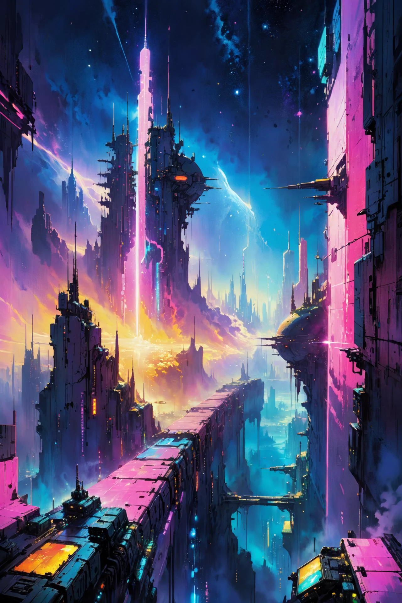 skyline of a dense and sprawling city on a junkworld, cyberpunk, night, neon signs, spotlights, hologram,smoke, magenta, teal and yelelow neon lights, glowing, ethereal light,starry sky, bustling, cosmic hues, vibrant colors, watercolor style, surreal lighting, futuristic motifs, vivid colors, detailed digital art <lora:Painted World-000006:0.7> painted world, colorful splashes<lora:EnvyJunkworldXL01:0.8> <lora:John Berkey Style:1> John Berkey Style page, (masterpiece:1.2), best quality, (hyperdetailed, highest detailed:1.2), high resolution textures, <lora:EnvyBetterHiresFixXL01:1>