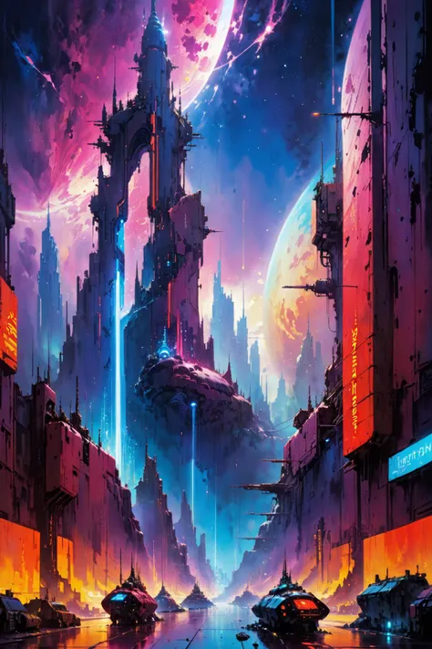 skyline of a dense and sprawling city on a junkworld, cyberpunk, night, neon signs, spotlights, hologram,smoke,  neon lights, Neon Crimson, Neon Sky Blue, Neon Burgundy, glowing, ethereal light,starry sky, bustling, cosmic hues, vibrant colors, watercolor style, surreal lighting, futuristic motifs, vivid colors, detailed digital art <lora:Painted World-000006:0.7> painted world, colorful splashes<lora:EnvyJunkworldXL01:0.8>  <lora:John Berkey Style:1> John Berkey Style page, (masterpiece:1.2), best quality, (hyperdetailed, highest detailed:1.2), high resolution textures, <lora:EnvyBetterHiresFixXL01:1>