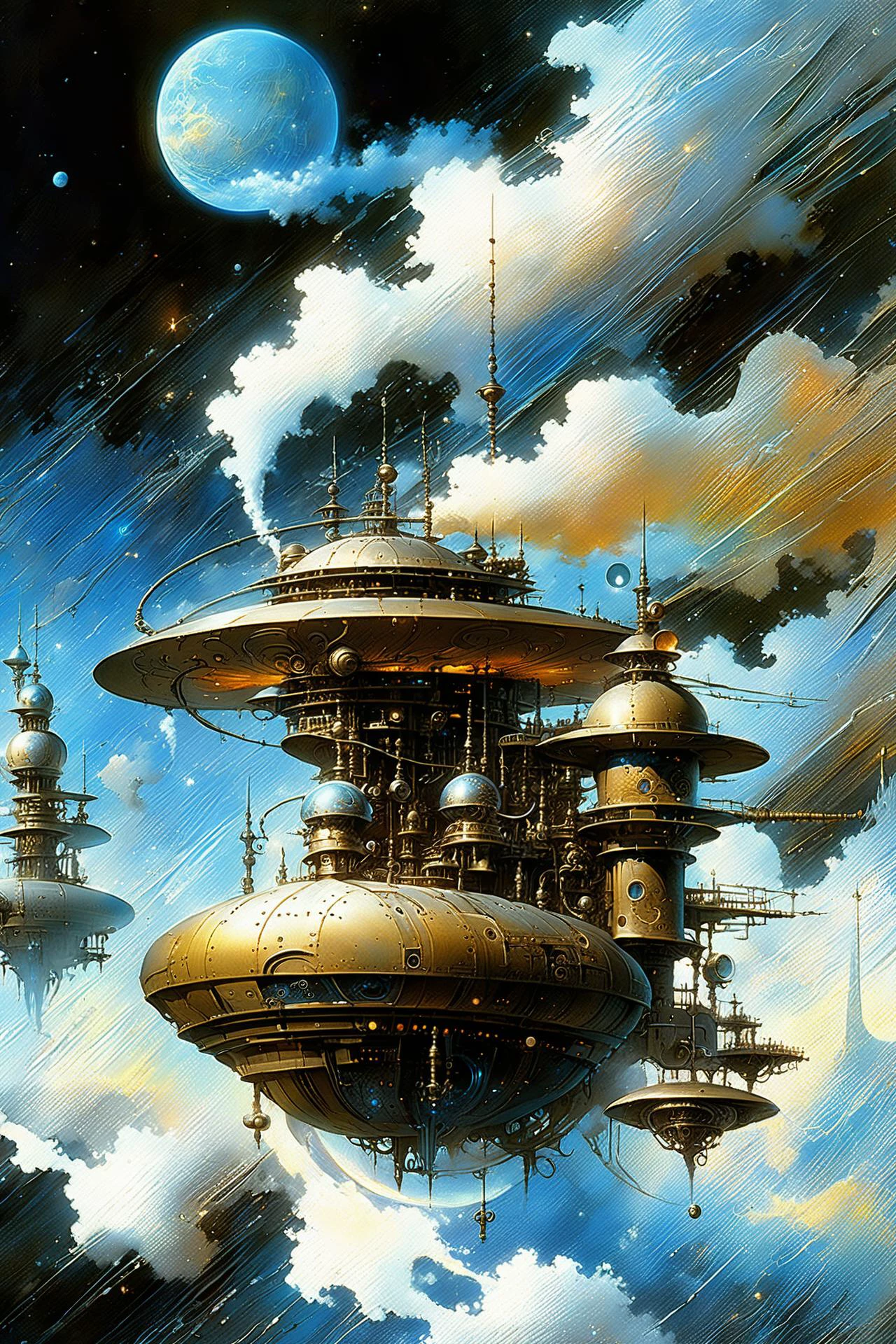 fantastic futuristic steam punk made of shiny brass towers, floating_swirls_made_of_steam, steam, smoke, blue sky, silver moons, dramatic color palette, <lora:add-detail-xl:2> misc <lora:DonMW15pXL:0.5> DonMW15pXL, <lora:d\EnvyFantasticXL01:1> <lora:John Berkey Style:0.6> John Berkey Style page, (masterpiece:1.2), best quality, (hyperdetailed, highest detailed:1.2), high resolution textures, <lora:EnvyBetterHiresFixXL01:1>