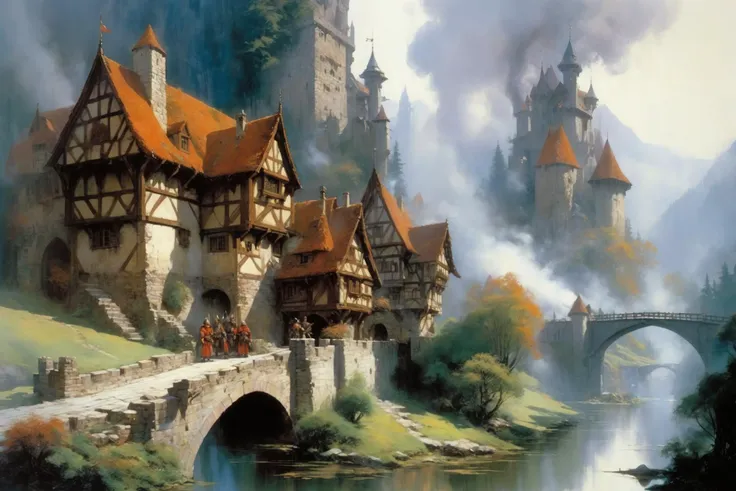 <lora:John Berkey Style:1> John Berkey Style page, mediaeval town, timber-frame houses, mountains, forest, castle, bridges, fog, smoke, (masterpiece:1.2), best quality