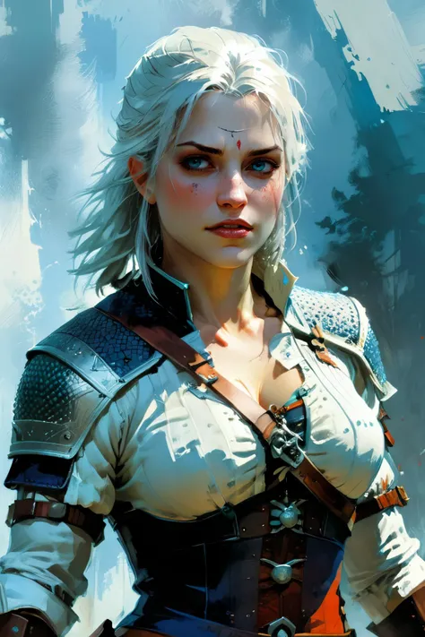 Ciri, scar, by Jason Chan, upperbody, neutral background of stylised panels, bluish fog, dynamic pose <lora:xl_more_art-full_v1:1> <lora:John Berkey Style:1> John Berkey Style page,, (masterpiece:1.2), best quality