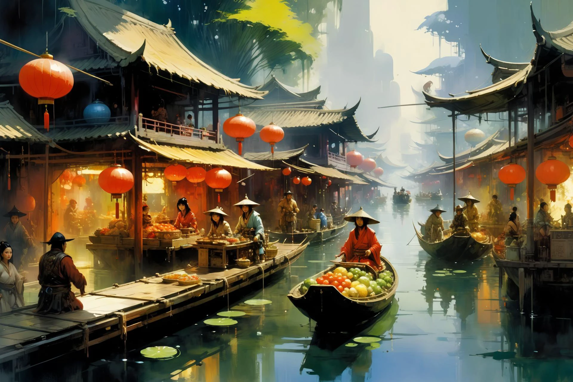 chinese floating market, (fantasy:1.2), <lora:John Berkey Style:1> John Berkey Style page, <lora:Retro_Illustration:1> 2d game scene, oil and watercolor painting,, (masterpiece:1.2), best quality