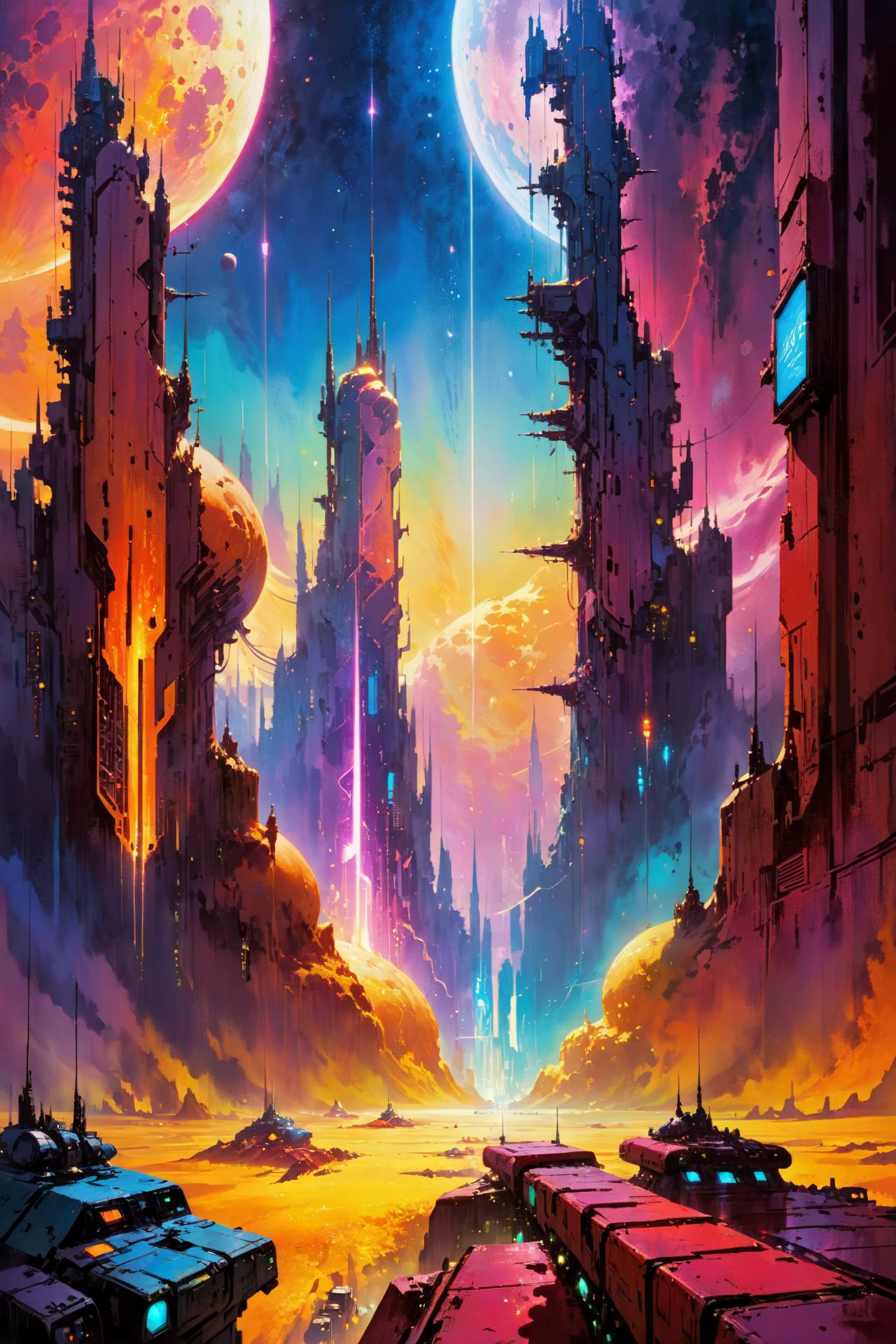 skyline of a dense and sprawling city on a junkworld, cyberpunk, night, neon signs, spotlights, hologram,smoke, neon lights, Neon Amber, Neon Gold, Neon Burgundy, glowing, ethereal light,starry sky, bustling, cosmic hues, vibrant colors, watercolor style, surreal lighting, futuristic motifs, vivid colors, detailed digital art <lora:Painted World-000006:0.7> painted world, colorful splashes<lora:EnvyJunkworldXL01:0.8> <lora:John Berkey Style:1> John Berkey Style page, (masterpiece:1.2), best quality, (hyperdetailed, highest detailed:1.2), high resolution textures, <lora:EnvyBetterHiresFixXL01:1>