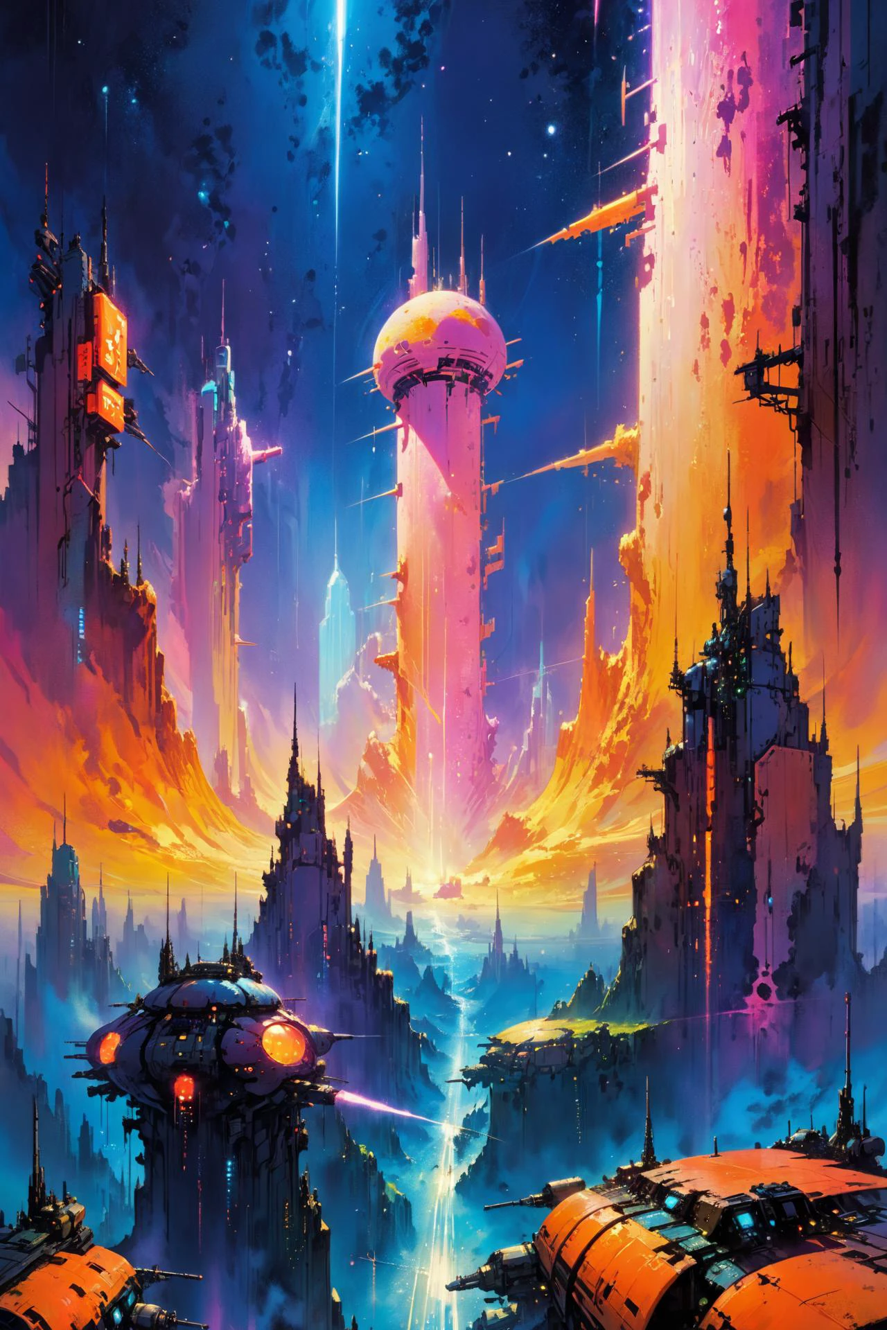 skyline of a dense and sprawling city on a junkworld, cyberpunk, night, neon signs, spotlights, hologram,smoke, neon lights, Neon Peach, Neon Scarlet, Neon Mustard, glowing, ethereal light,starry sky, bustling, cosmic hues, vibrant colors, watercolor style, surreal lighting, futuristic motifs, vivid colors, detailed digital art <lora:Painted World-000006:0.7> painted world, colorful splashes<lora:EnvyJunkworldXL01:0.8> <lora:John Berkey Style:1> John Berkey Style page, (masterpiece:1.2), best quality, (hyperdetailed, highest detailed:1.2), high resolution textures, <lora:EnvyBetterHiresFixXL01:1>
