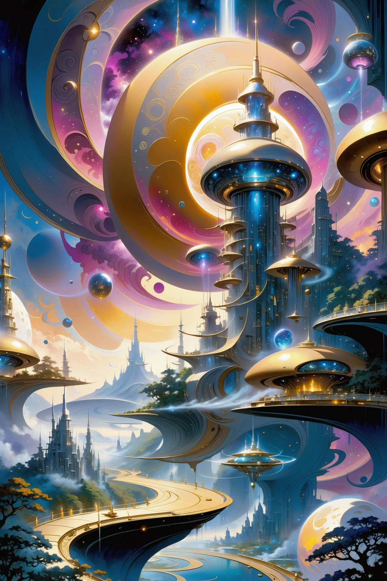 futuristic city made of shiny golden towers, floating_glowing_arcane_swirls_made_of_mist, golden sky, silver moons, dramatic color palette <lora:EnvyFutureUtopiaXL01:1> <lora:add-detail-xl:2> misc <lora:DonMW15pXL:0.5> DonMW15pXL, the head of a <lora:John Berkey Style:1> John Berkey Style page, (masterpiece:1.2), best quality, (hyperdetailed, highest detailed:1.2), high resolution textures, <lora:EnvyBetterHiresFixXL01:1>