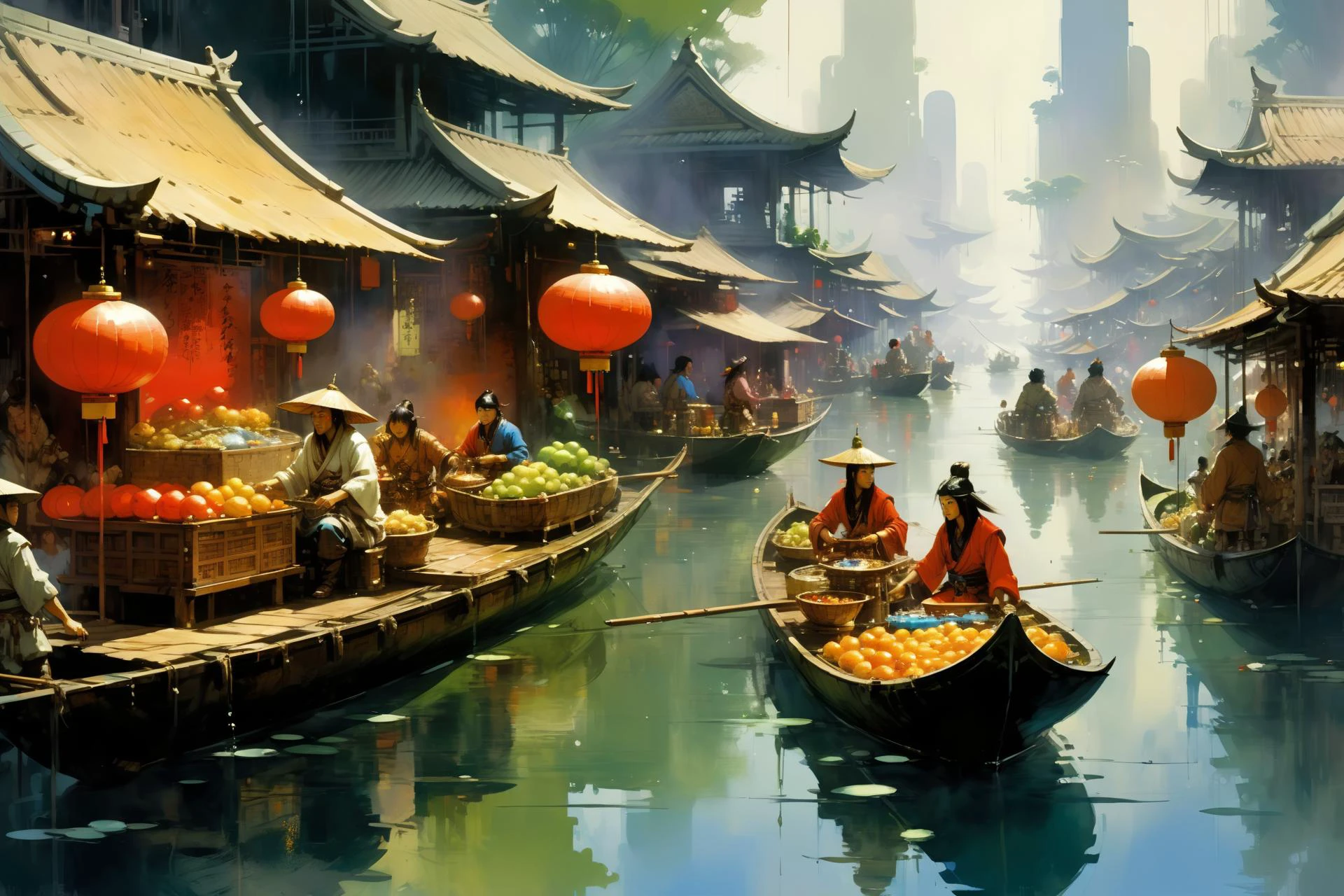 chinese floating market, (fantasy:1.2), <lora:John Berkey Style:1> John Berkey Style page, <lora:Retro_Illustration:1> 2d game scene, oil and watercolor painting,, (masterpiece:1.2), best quality