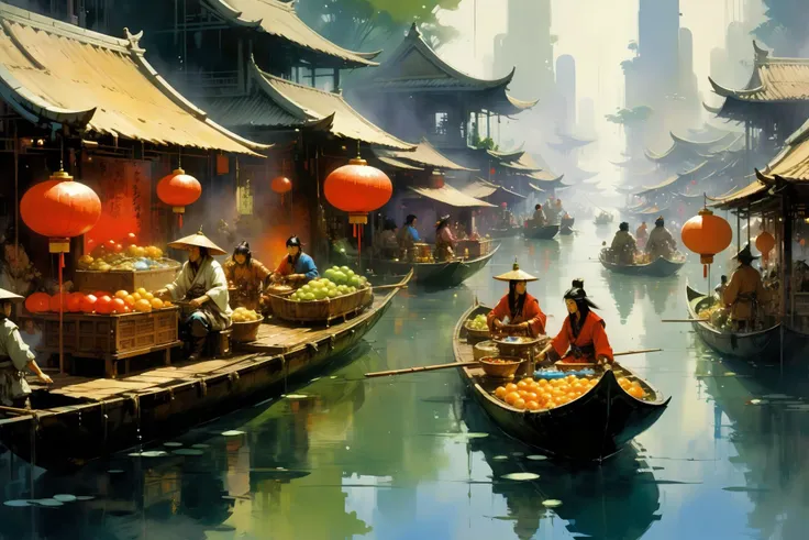 chinese floating market, (fantasy:1.2),  <lora:John Berkey Style:1> John Berkey Style page, <lora:Retro_Illustration:1> 2d game scene, oil and watercolor painting,, (masterpiece:1.2), best quality