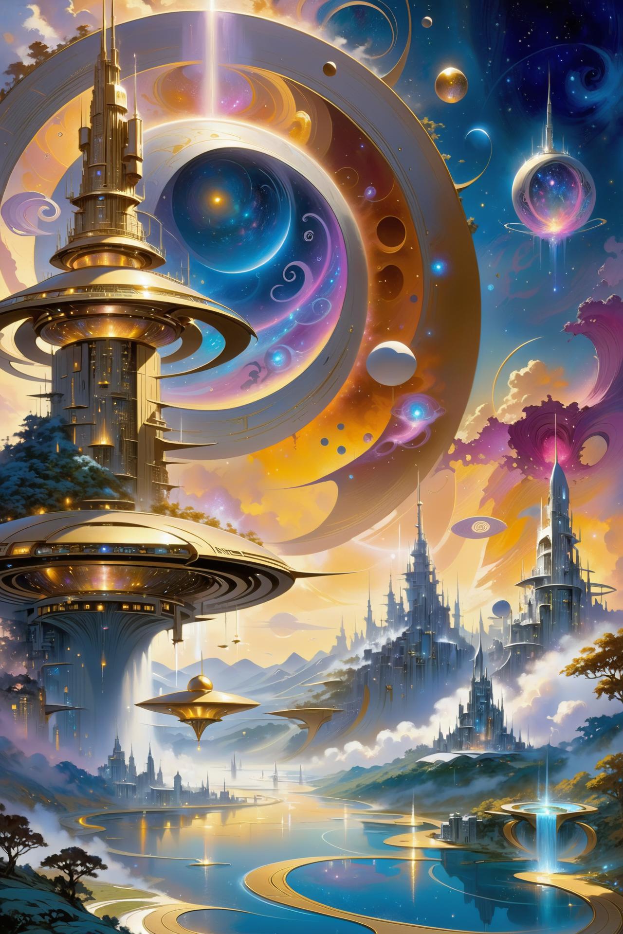 A painting of a futuristic city with a large tower and a river - SeaArt AI