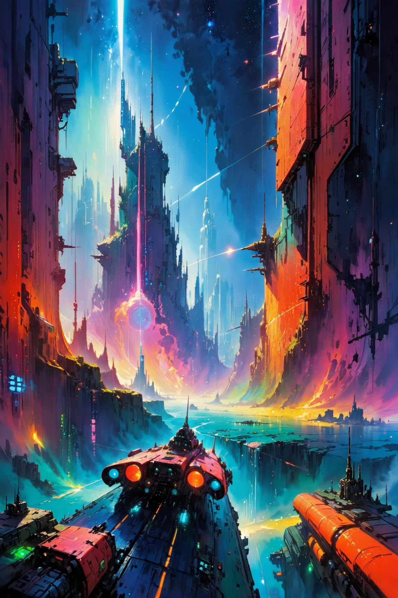 skyline of a dense and sprawling city on a junkworld, cyberpunk, night, neon signs, spotlights, hologram,smoke, neon lights, Neon Scarlet, Neon Scarlet, Neon Emerald, glowing, ethereal light,starry sky, bustling, cosmic hues, vibrant colors, watercolor style, surreal lighting, futuristic motifs, vivid colors, detailed digital art <lora:Painted World-000006:0.7> painted world, colorful splashes<lora:EnvyJunkworldXL01:0.8> <lora:John Berkey Style:1> John Berkey Style page, (masterpiece:1.2), best quality, (hyperdetailed, highest detailed:1.2), high resolution textures, <lora:EnvyBetterHiresFixXL01:1>
