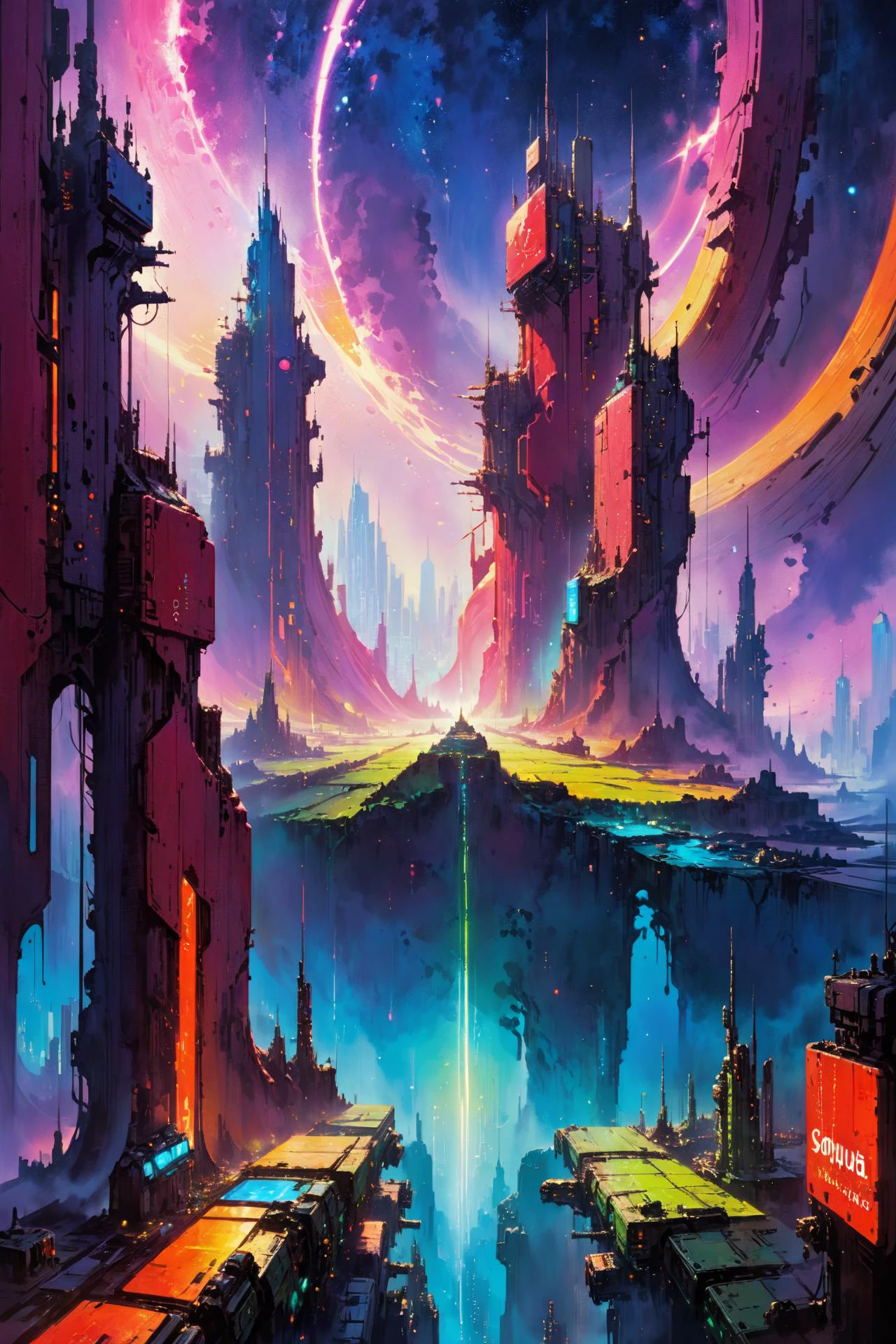 skyline of a dense and sprawling city on a junkworld, cyberpunk, night, neon signs, spotlights, hologram,smoke, neon lights, Neon Burgundy, Neon Lime, Neon Crimson, glowing, ethereal light,starry sky, bustling, cosmic hues, vibrant colors, watercolor style, surreal lighting, futuristic motifs, vivid colors, detailed digital art <lora:Painted World-000006:0.7> painted world, colorful splashes<lora:EnvyJunkworldXL01:0.8> <lora:John Berkey Style:1> John Berkey Style page, (masterpiece:1.2), best quality, (hyperdetailed, highest detailed:1.2), high resolution textures, <lora:EnvyBetterHiresFixXL01:1>