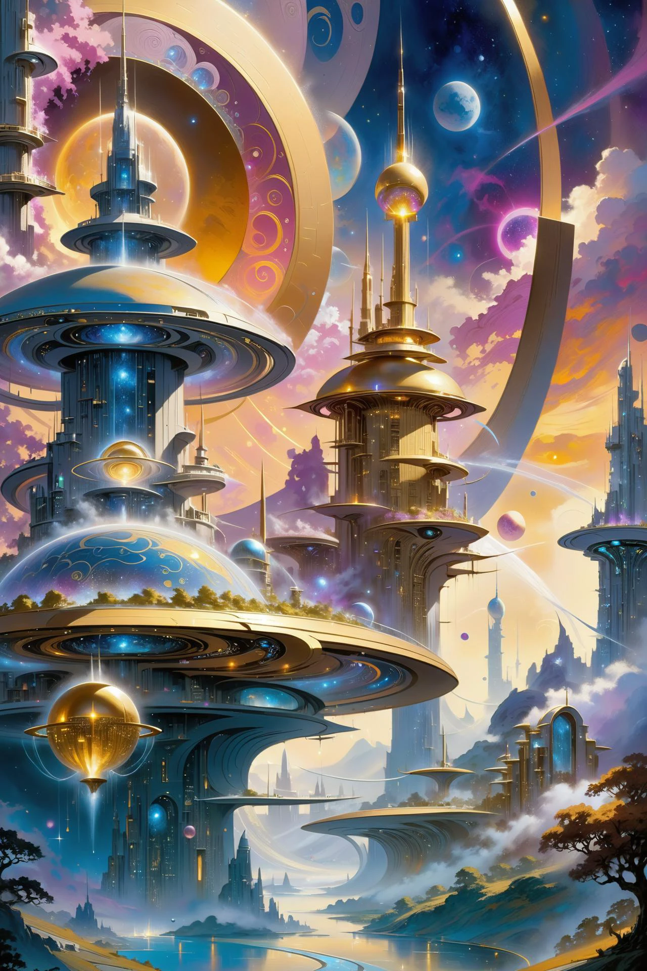futuristic city made of shiny golden towers, floating_glowing_arcane_swirls_made_of_mist, golden sky, silver moons, dramatic color palette <lora:EnvyFutureUtopiaXL01:1> <lora:add-detail-xl:2> misc <lora:DonMW15pXL:0.5> DonMW15pXL, the head of a <lora:John Berkey Style:1> John Berkey Style page, (masterpiece:1.2), best quality, (hyperdetailed, highest detailed:1.2), high resolution textures, <lora:EnvyBetterHiresFixXL01:1>