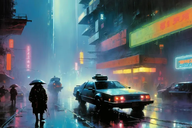 <lora:John Berkey Style:1> John Berkey Style page, cyberpunk cityscape, night, rain, neon lights, neon signs, dirt, garbage, fog, smoke, (masterpiece:1.2), best quality