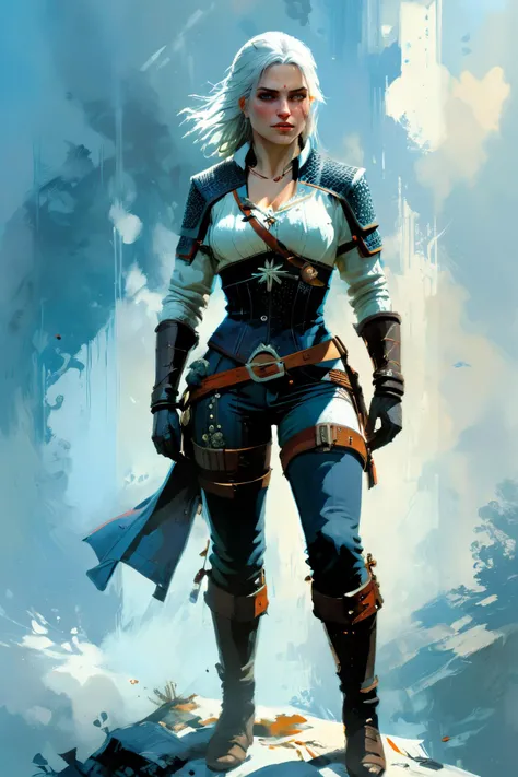Ciri, scar, by Jason Chan, fullbody, neutral background of stylised panels, bluish fog, dynamic pose  <lora:xl_more_art-full_v1:1> <lora:John Berkey Style:1> John Berkey Style page,, (masterpiece:1.2), best quality