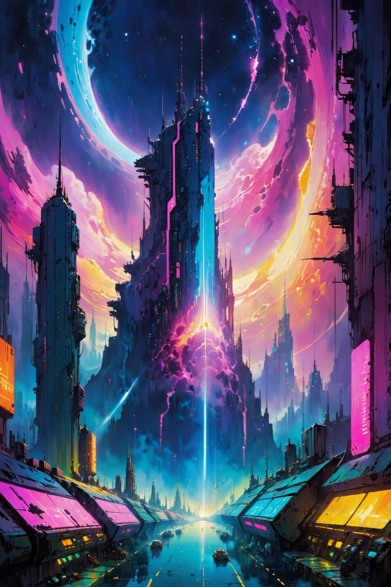 skyline of a dense and sprawling city on a junkworld, cyberpunk, night, neon signs, spotlights, hologram,smoke, magenta, teal and yelelow neon lights, glowing, ethereal light,starry sky, bustling, cosmic hues, vibrant colors, watercolor style, surreal lighting, futuristic motifs, vivid colors, detailed digital art <lora:Painted World-000006:0.7> painted world, colorful splashes<lora:EnvyJunkworldXL01:0.8> <lora:John Berkey Style:1> John Berkey Style page, (masterpiece:1.2), best quality, (hyperdetailed, highest detailed:1.2), high resolution textures, <lora:EnvyBetterHiresFixXL01:1>