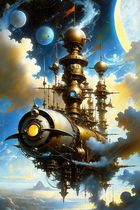 fantastic futuristic steam punk made of shiny brass towers, floating_swirls_made_of_steam, steam, smoke, blue sky, silver moons, dramatic color palette, <lora:add-detail-xl:2> misc   <lora:DonMW15pXL:0.5> DonMW15pXL,  <lora:d\EnvyFantasticXL01:1> <lora:John Berkey Style:0.6> John Berkey Style page, (masterpiece:1.2), best quality, (hyperdetailed, highest detailed:1.2), high resolution textures, <lora:EnvyBetterHiresFixXL01:1>