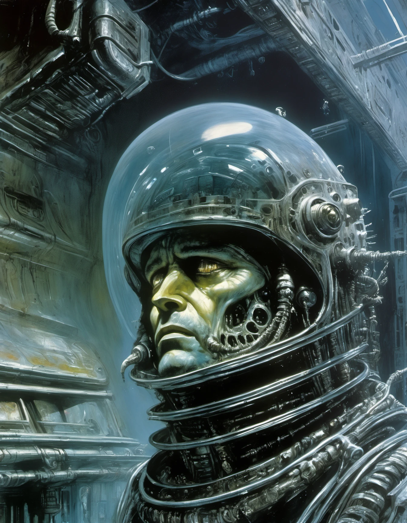 "Close-up, front-facing view of a scavenger, his face reflecting horror, within the chilling confines of a derelict space station. Sharp contrasts, lavishly intricate, drawing from H.R. Giger", surrealism, weird and pissed off, oil on canvas, dry brush, <lora:John Berkey Style:0.9>, John Berkey Style