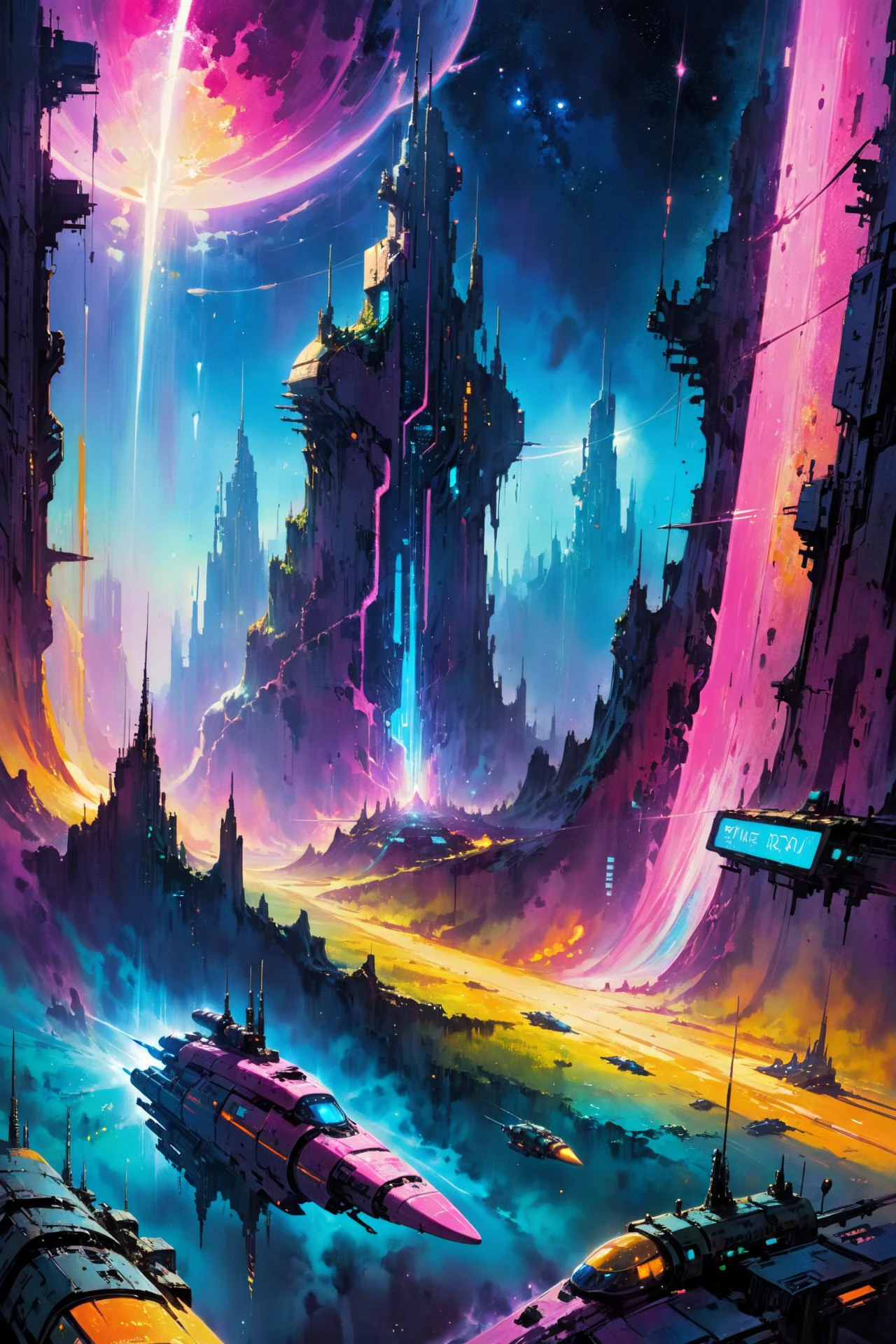 skyline of a dense and sprawling city on a junkworld, cyberpunk, night, neon signs, spotlights, hologram,smoke, magenta, teal and yelelow neon lights, glowing, ethereal light,starry sky, bustling, cosmic hues, vibrant colors, watercolor style, surreal lighting, futuristic motifs, vivid colors, detailed digital art <lora:Painted World-000006:0.7> painted world, colorful splashes<lora:EnvyJunkworldXL01:0.8> <lora:John Berkey Style:1> John Berkey Style page, (masterpiece:1.2), best quality, (hyperdetailed, highest detailed:1.2), high resolution textures, <lora:EnvyBetterHiresFixXL01:1>