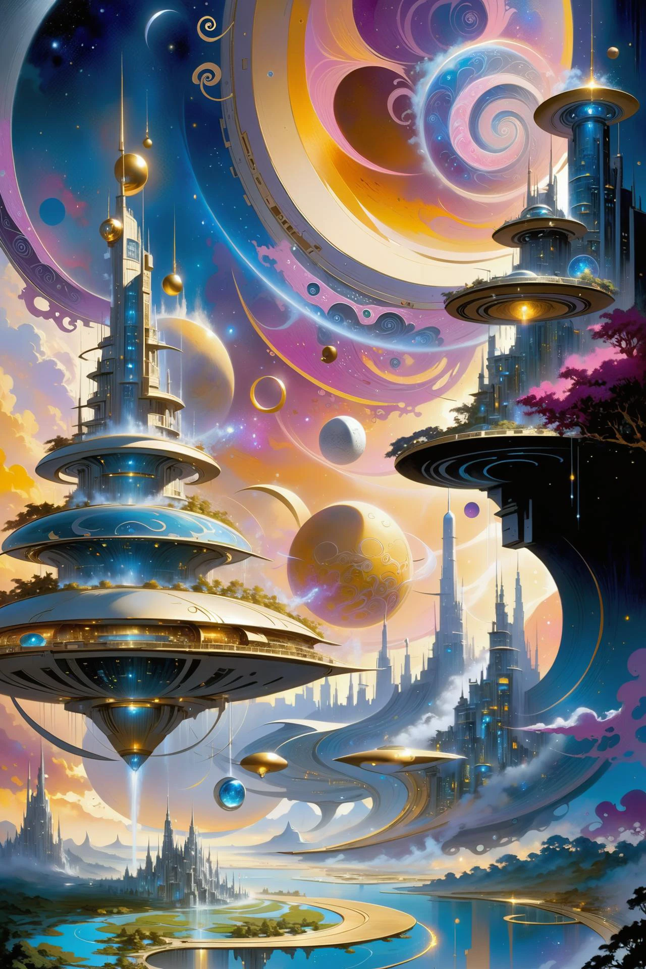 futuristic city made of shiny golden towers, floating_glowing_arcane_swirls_made_of_mist, golden sky, silver moons, dramatic color palette <lora:EnvyFutureUtopiaXL01:1> <lora:add-detail-xl:2> misc <lora:DonMW15pXL:0.5> DonMW15pXL, the head of a <lora:John Berkey Style:1> John Berkey Style page, (masterpiece:1.2), best quality, (hyperdetailed, highest detailed:1.2), high resolution textures, <lora:EnvyBetterHiresFixXL01:1>