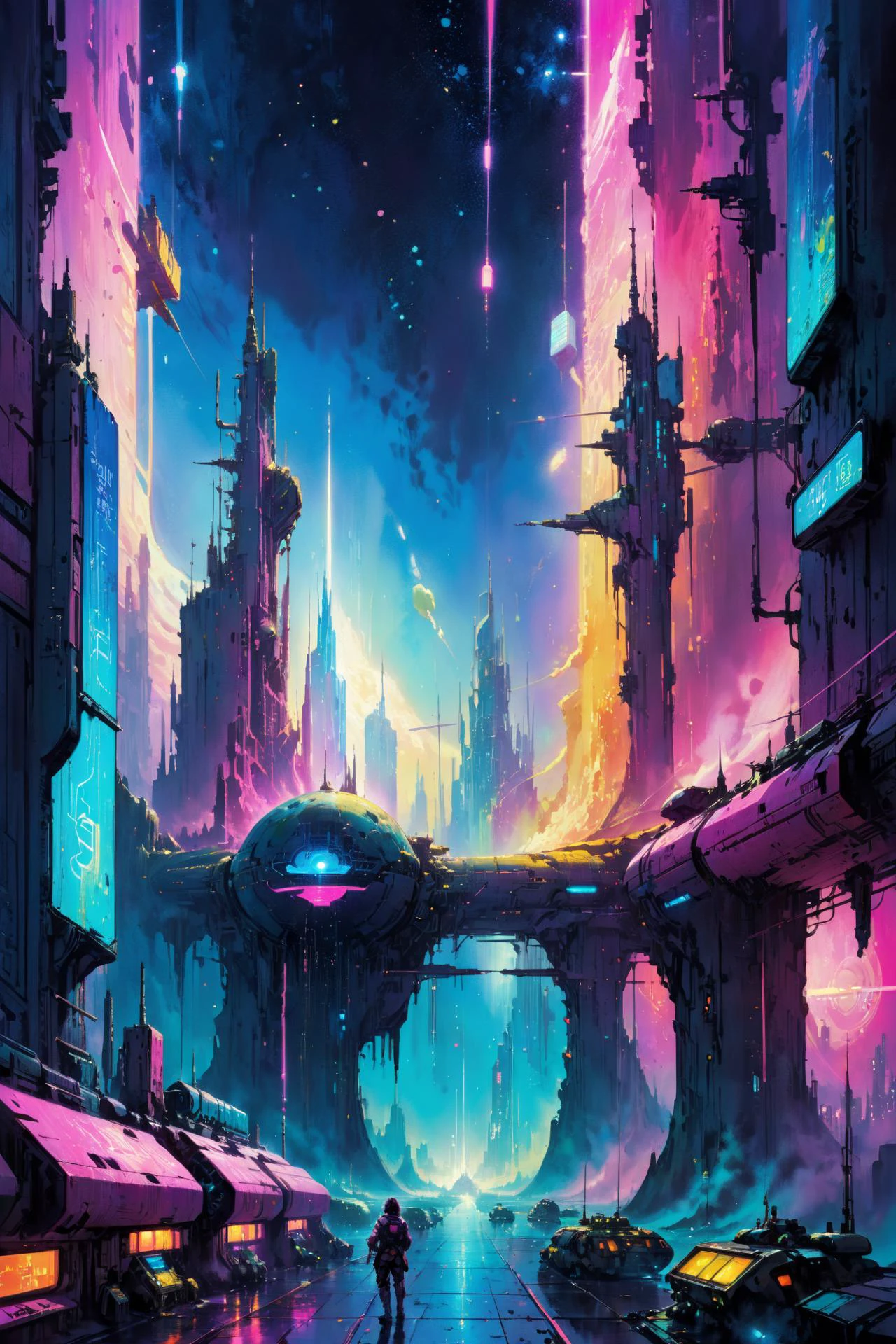 skyline of a dense and sprawling city on a junkworld, cyberpunk, night, neon signs, spotlights, hologram,smoke, magenta, teal and yelelow neon lights, glowing, ethereal light,starry sky, bustling, cosmic hues, vibrant colors, watercolor style, surreal lighting, futuristic motifs, vivid colors, detailed digital art <lora:Painted World-000006:0.7> painted world, colorful splashes<lora:EnvyJunkworldXL01:0.8> <lora:John Berkey Style:1> John Berkey Style page, (masterpiece:1.2), best quality, (hyperdetailed, highest detailed:1.2), high resolution textures, <lora:EnvyBetterHiresFixXL01:1>