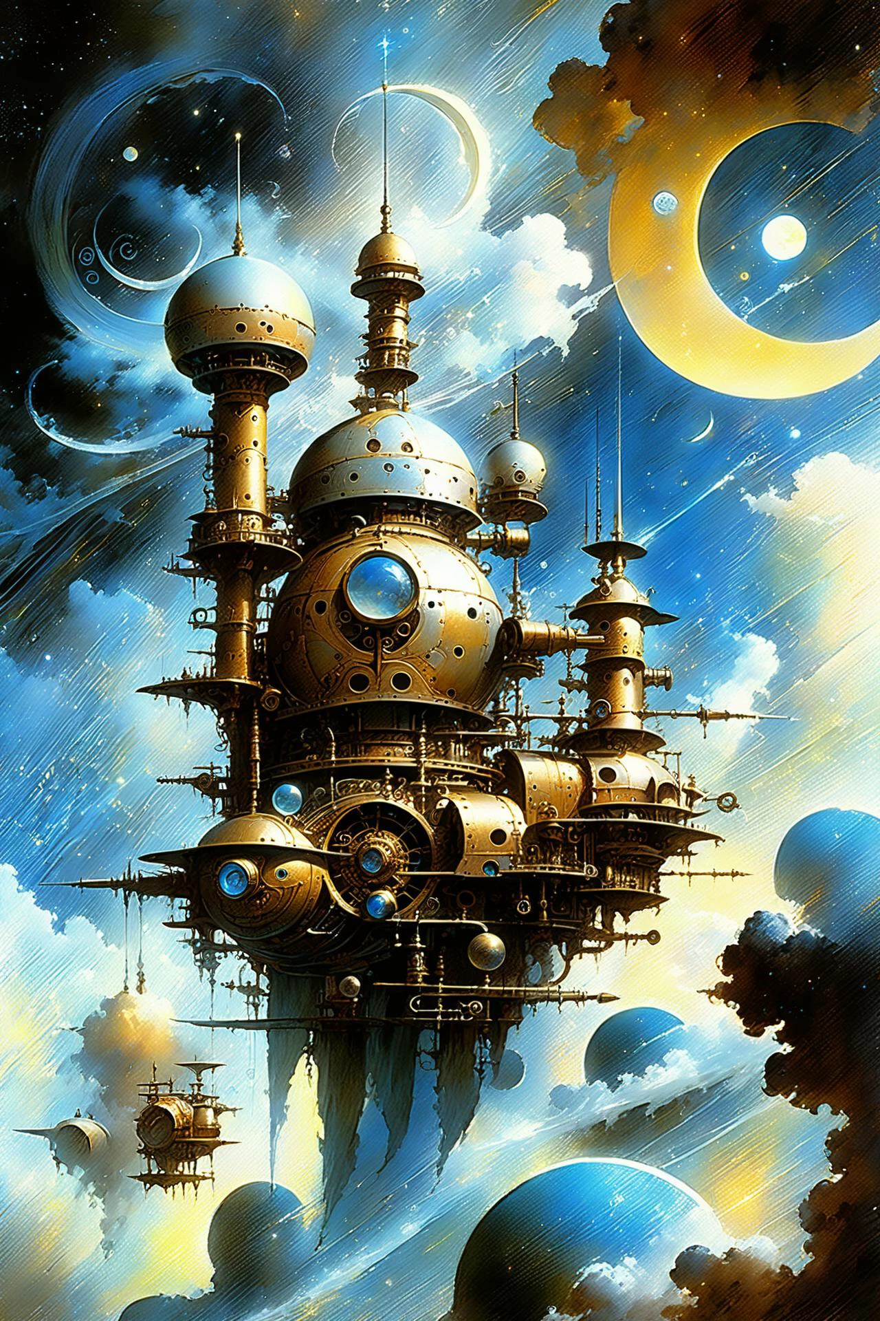 fantastic futuristic steam punk made of shiny brass towers, floating_swirls_made_of_steam, steam, smoke, blue sky, silver moons, dramatic color palette, <lora:add-detail-xl:2> misc <lora:DonMW15pXL:0.5> DonMW15pXL, <lora:d\EnvyFantasticXL01:1> <lora:John Berkey Style:0.6> John Berkey Style page, (masterpiece:1.2), best quality, (hyperdetailed, highest detailed:1.2), high resolution textures, <lora:EnvyBetterHiresFixXL01:1>