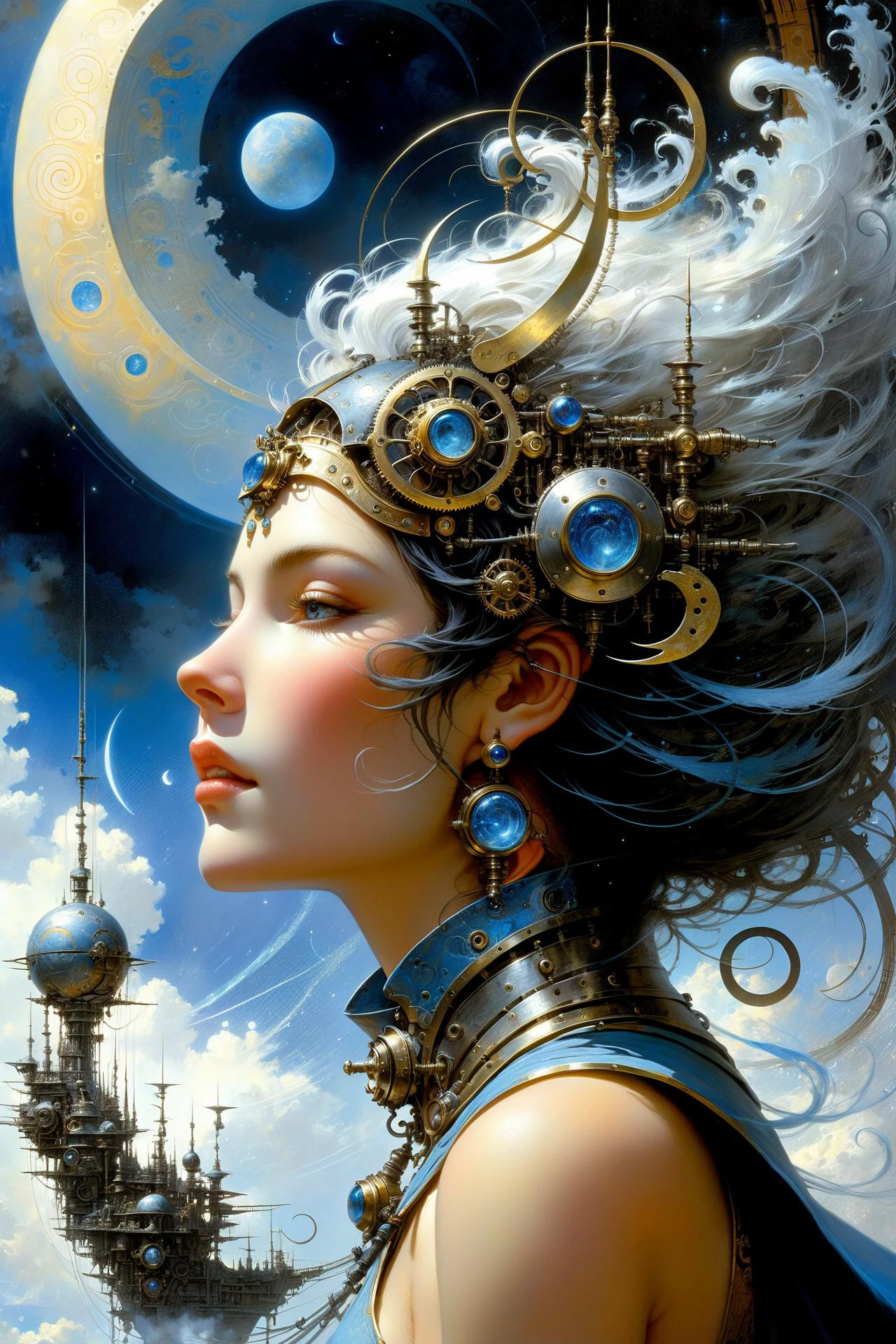 fantastic futuristic steam punk made of shiny brass towers, floating_swirls_made_of_steam, blue sky, silver moons, dramatic color palette, <lora:add-detail-xl:2> misc <lora:DonMW15pXL:0.5> DonMW15pXL, the head of a woman by aaron horkey <lora:John Berkey Style:0.6> John Berkey Style page <lora:d\EnvyFantasticXL01:1>, (masterpiece:1.2), best quality, (hyperdetailed, highest detailed:1.2), high resolution textures, <lora:EnvyBetterHiresFixXL01:1>