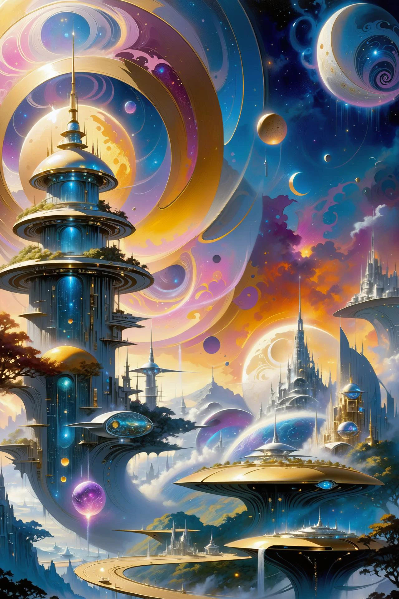 futuristic city made of shiny golden towers, floating_glowing_arcane_swirls_made_of_mist, golden sky, silver moons, dramatic color palette <lora:EnvyFutureUtopiaXL01:1> <lora:add-detail-xl:2> misc <lora:DonMW15pXL:0.5> DonMW15pXL, the head of a <lora:John Berkey Style:1> John Berkey Style page, (masterpiece:1.2), best quality, (hyperdetailed, highest detailed:1.2), high resolution textures, <lora:EnvyBetterHiresFixXL01:1>