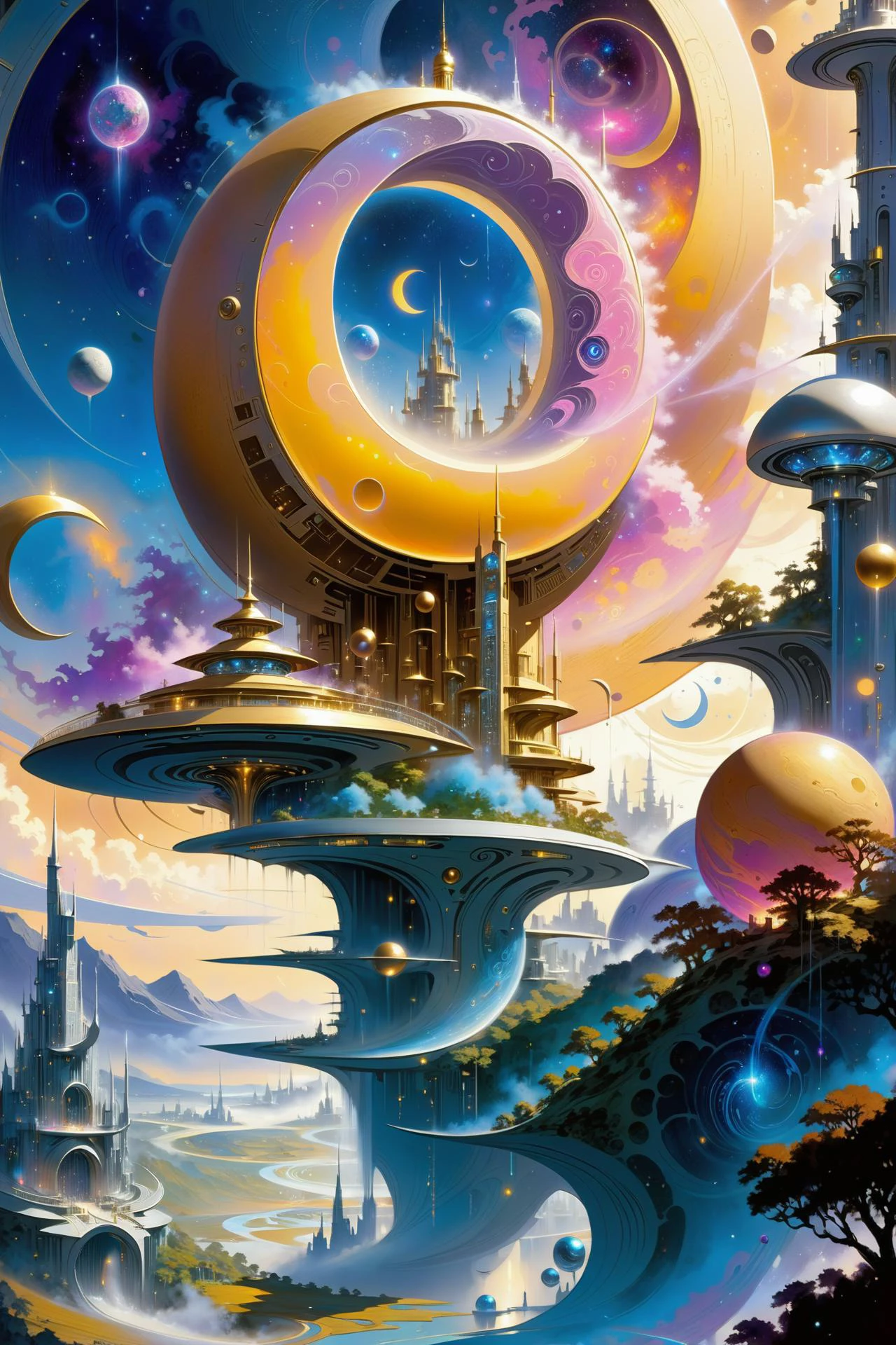 futuristic city made of shiny golden towers, floating_glowing_arcane_swirls_made_of_mist, golden sky, silver moons, dramatic color palette <lora:EnvyFutureUtopiaXL01:1> <lora:add-detail-xl:2> misc <lora:DonMW15pXL:0.5> DonMW15pXL, the head of a <lora:John Berkey Style:1> John Berkey Style page, (masterpiece:1.2), best quality, (hyperdetailed, highest detailed:1.2), high resolution textures, <lora:EnvyBetterHiresFixXL01:1>