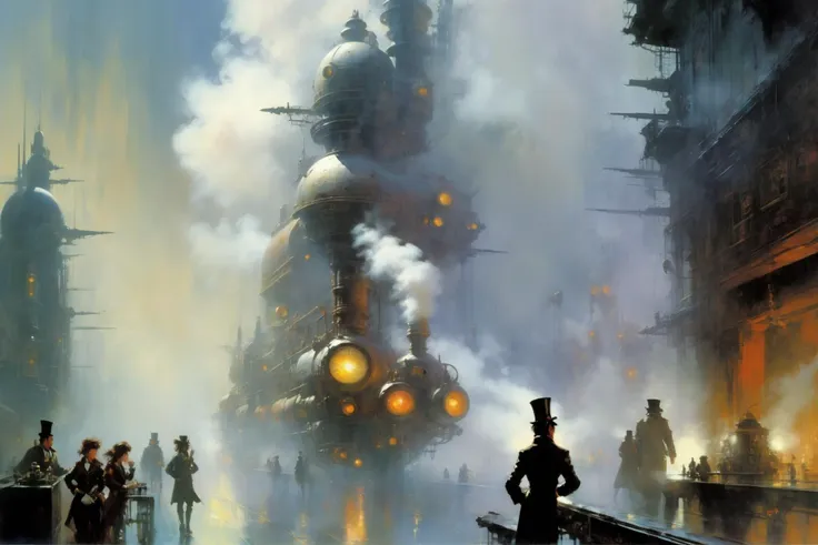 <lora:John Berkey Style:1> John Berkey Style page, steampunk cityscape,fog, smoke, (masterpiece:1.2), best quality