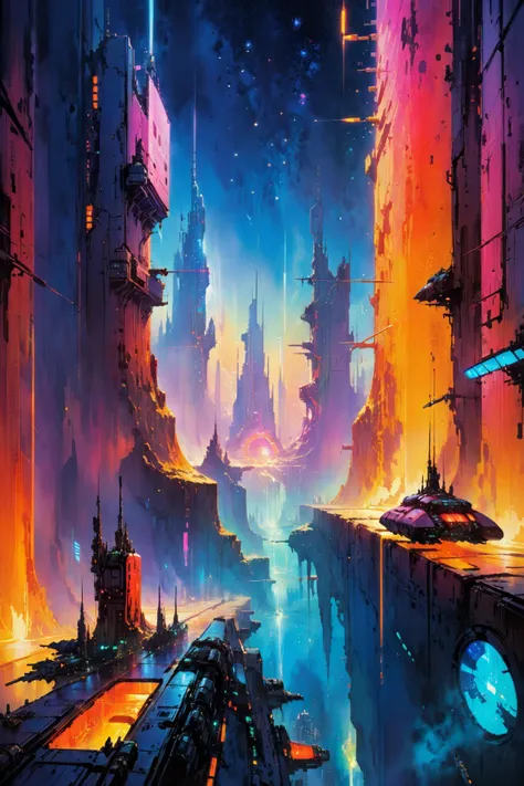 skyline of a dense and sprawling city on a junkworld, cyberpunk, night, neon signs, spotlights, hologram,smoke,  neon lights, Neon Amber, Neon Scarlet, Neon Scarlet, glowing, ethereal light,starry sky, bustling, cosmic hues, vibrant colors, watercolor style, surreal lighting, futuristic motifs, vivid colors, detailed digital art <lora:Painted World-000006:0.7> painted world, colorful splashes<lora:EnvyJunkworldXL01:0.8>  <lora:John Berkey Style:1> John Berkey Style page, (masterpiece:1.2), best quality, (hyperdetailed, highest detailed:1.2), high resolution textures, <lora:EnvyBetterHiresFixXL01:1>