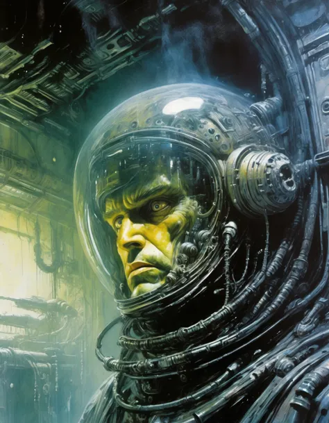 "Close-up, front-facing view of a scavenger, his face reflecting horror, within the chilling confines of a derelict space station. Sharp contrasts, lavishly intricate, drawing from H.R. Giger", surrealism, weird and pissed off, oil on canvas, dry brush, <lora:John Berkey Style:0.9>, John Berkey Style