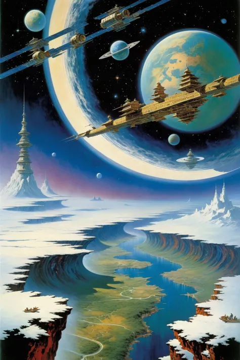 John Berkey Style page,<lora:John Berkey Style:1>,
Passing through this area,he found that,like looking at history books and ancient picture scrolls,he did not belong to this time and space,
I don't know how many miles ahead,Shi Hao felt something,he saw a vision in the sky,a ripple,fixed there,across the universe,
That is the power of time,the supreme law of time,
It's what caused it all,
It is tangible,like a huge ripple,actually cut off the universe,acting in this territory,so that the vast land is frozen framed and becomes a static picture,