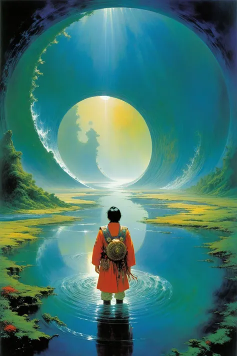 John Berkey Style page,<lora:John Berkey Style:1>,
He has come to the end of this land,there is no road ahead,no land,
Strangely,the river is still flowing,crossing the void into the mysterious unknown,
Shi Hao did his best to open his eyes and look at the end of nothingness,
He saw huge ripples,which were some kind of waves,and the law of time,which existed in the void forever,
And,with his eyes like little suns,he saw some scenes clearly,
At the end of the infinite void,there is a colorful world,very hazy and mysterious,and it cannot be seen clearly,but it is real,
And that's where the river goes,
